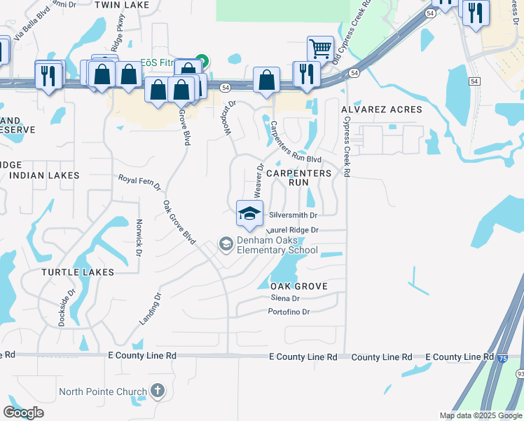 map of restaurants, bars, coffee shops, grocery stores, and more near 24631 Silversmith Drive in Lutz