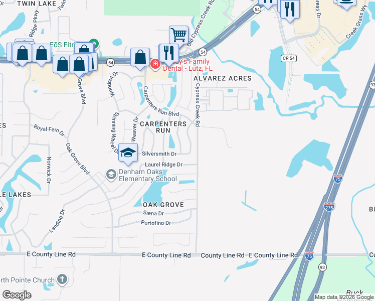 map of restaurants, bars, coffee shops, grocery stores, and more near 1517 Gunsmith Drive in Lutz
