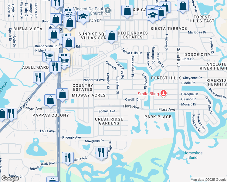 map of restaurants, bars, coffee shops, grocery stores, and more near 4929 Vision Avenue in Holiday