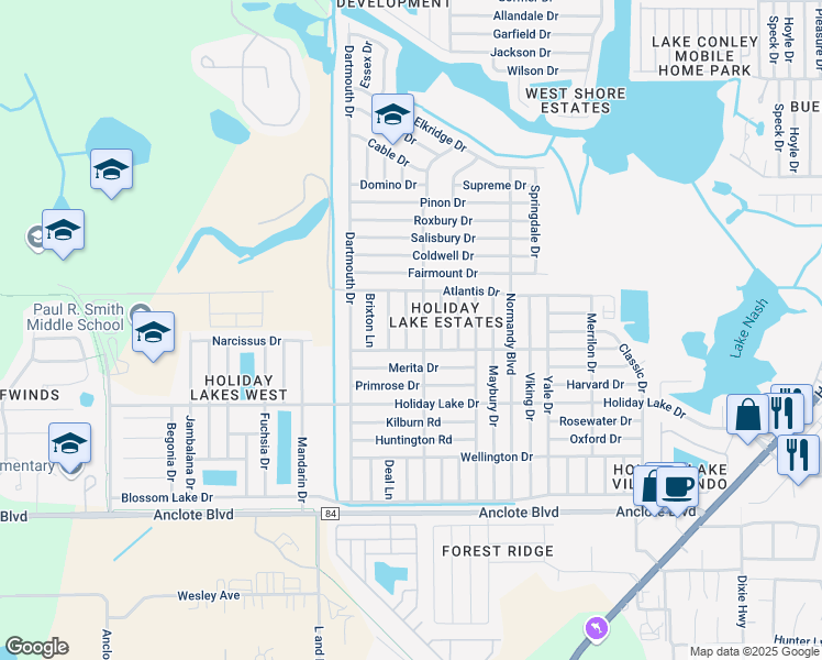 map of restaurants, bars, coffee shops, grocery stores, and more near 1408 Russel Lane in Holiday