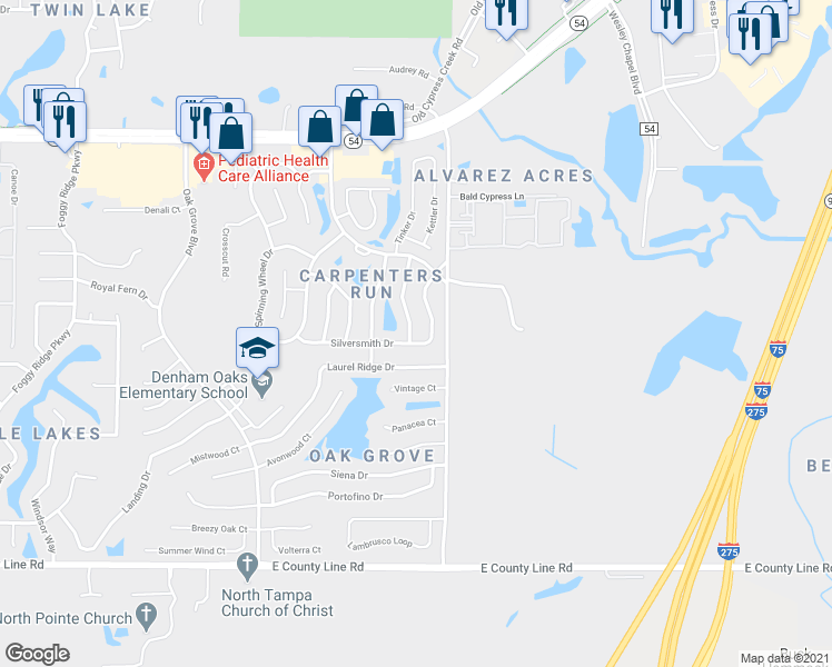 map of restaurants, bars, coffee shops, grocery stores, and more near 1522 Gardner Drive in Lutz