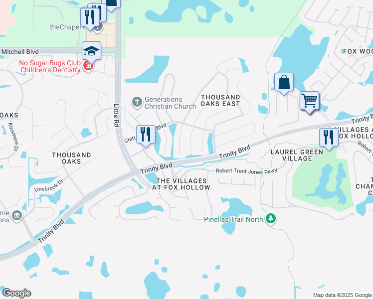 map of restaurants, bars, coffee shops, grocery stores, and more near 1347 Kaffir Lily Court in Trinity