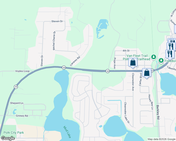 map of restaurants, bars, coffee shops, grocery stores, and more near Florida 33 in Polk City