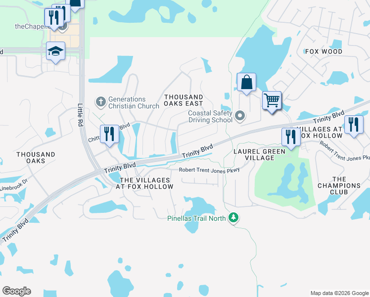 map of restaurants, bars, coffee shops, grocery stores, and more near 9871 Trumpet Vine Loop in Trinity