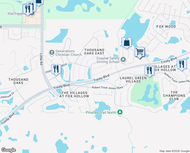 map of restaurants, bars, coffee shops, grocery stores, and more near 9871 Trumpet Vine Loop in Trinity