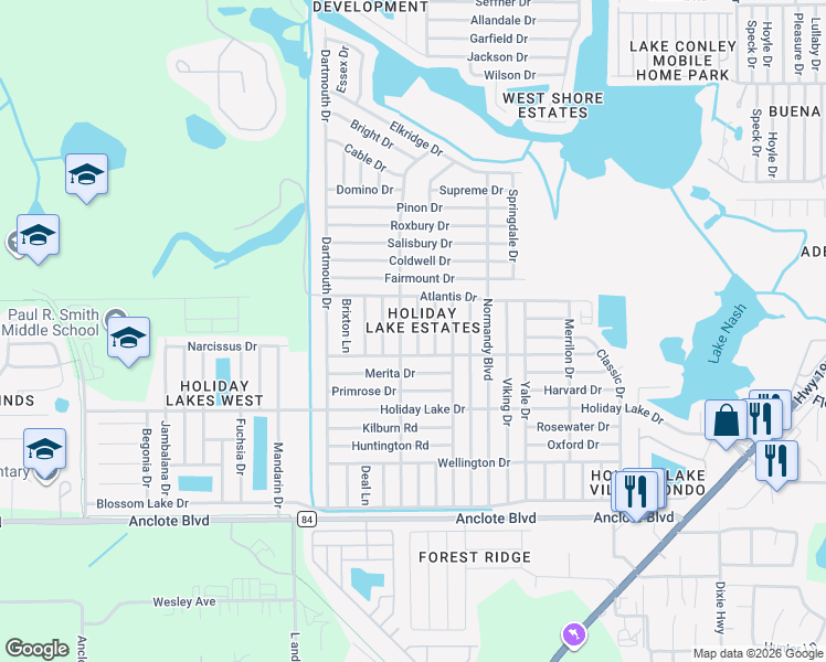 map of restaurants, bars, coffee shops, grocery stores, and more near 1400 Solar Drive in Holiday