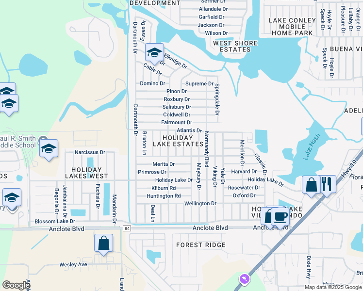 map of restaurants, bars, coffee shops, grocery stores, and more near 1415 Weyford Lane in Holiday