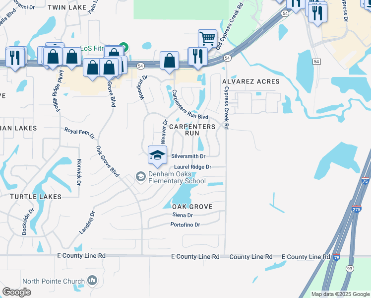 map of restaurants, bars, coffee shops, grocery stores, and more near 1526 Baker Road in Lutz