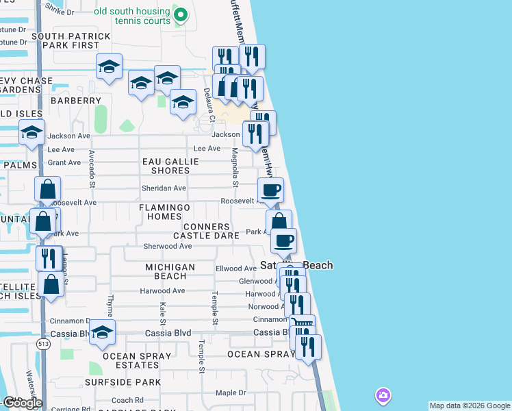 map of restaurants, bars, coffee shops, grocery stores, and more near 140 Seawind Drive in Satellite Beach