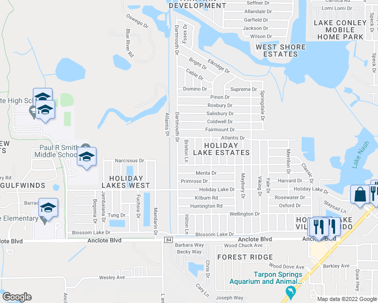 map of restaurants, bars, coffee shops, grocery stores, and more near 1420 Brixton Lane in Holiday