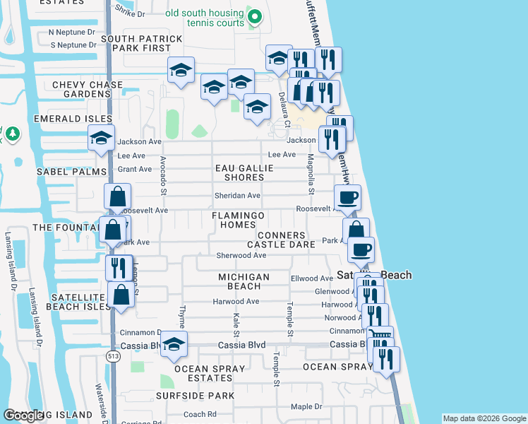 map of restaurants, bars, coffee shops, grocery stores, and more near 230 Jason Court in Satellite Beach