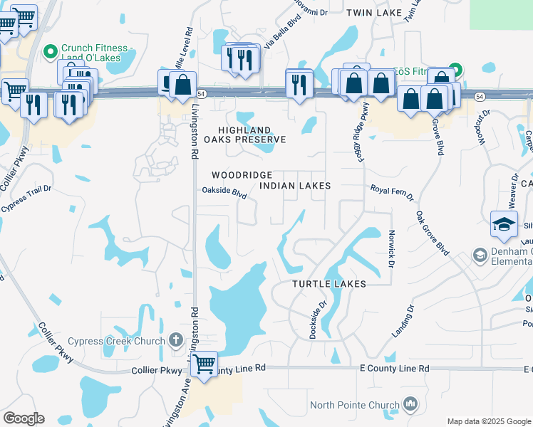 map of restaurants, bars, coffee shops, grocery stores, and more near 1412 Crazy Horse Drive in Lutz