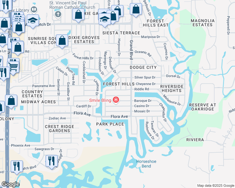 map of restaurants, bars, coffee shops, grocery stores, and more near 5347 Celcus Drive in Holiday