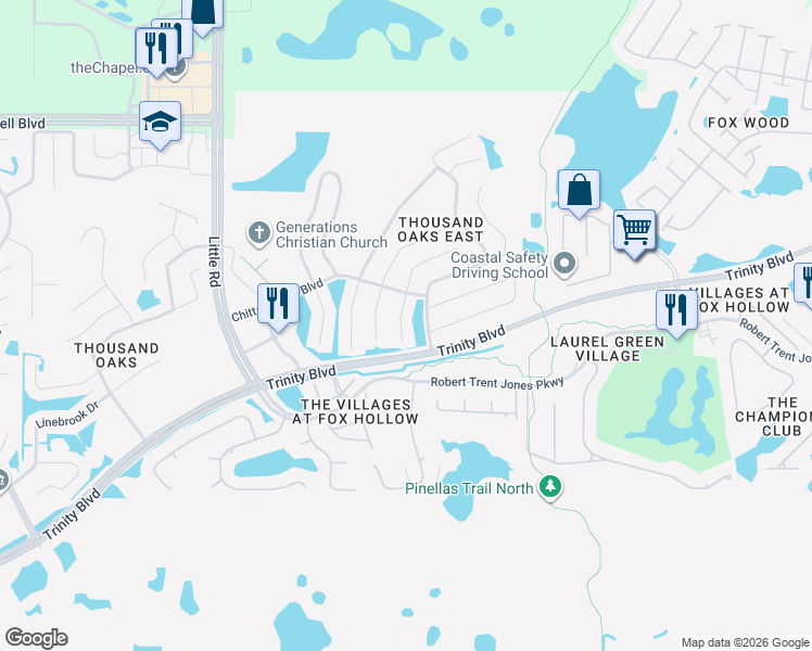 map of restaurants, bars, coffee shops, grocery stores, and more near 1410 Impatiens Court in Trinity