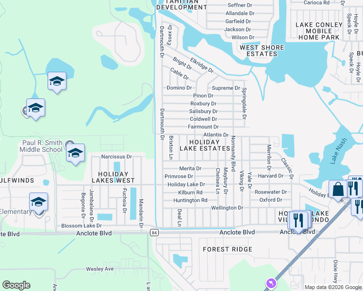map of restaurants, bars, coffee shops, grocery stores, and more near 1426 Whitehall Lane in Holiday