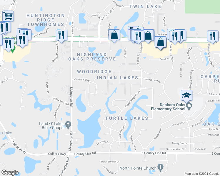 map of restaurants, bars, coffee shops, grocery stores, and more near 1540 Crazy Horse Drive in Lutz