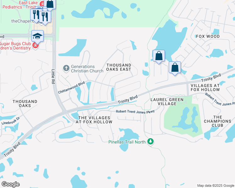 map of restaurants, bars, coffee shops, grocery stores, and more near 9878 Trumpet Vine Loop in Trinity