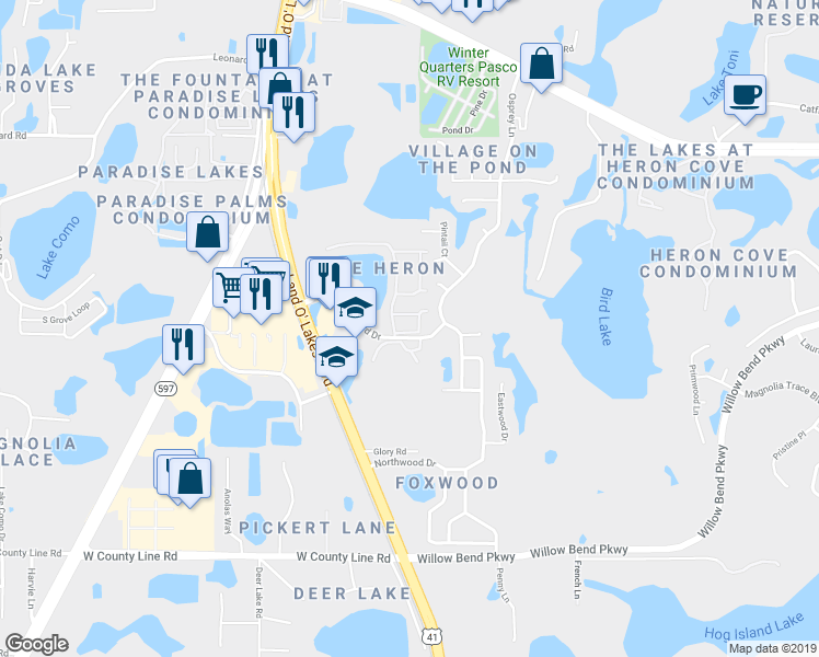 map of restaurants, bars, coffee shops, grocery stores, and more near 21437 Clubside Loop in Lutz
