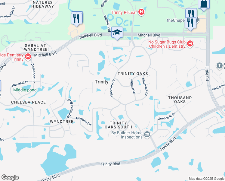 map of restaurants, bars, coffee shops, grocery stores, and more near 1418 Kinsmere Drive in Trinity