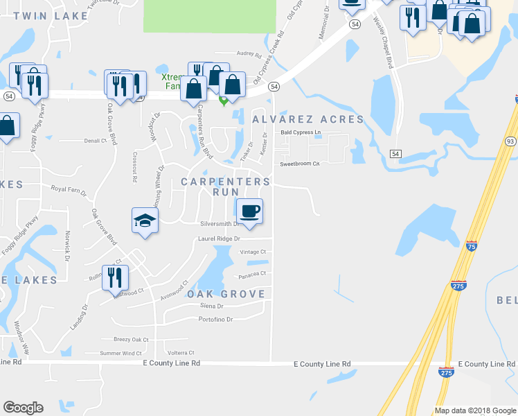 map of restaurants, bars, coffee shops, grocery stores, and more near 1537 Gunsmith Drive in Lutz