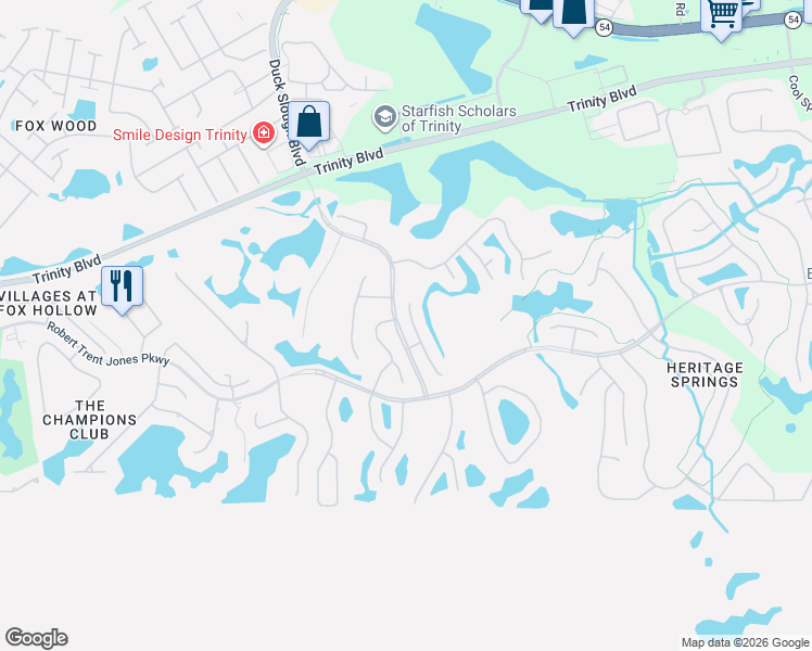 map of restaurants, bars, coffee shops, grocery stores, and more near 1447 Hickory Moss Place in Trinity