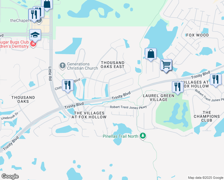 map of restaurants, bars, coffee shops, grocery stores, and more near 9874 Trumpet Vine Loop in Trinity