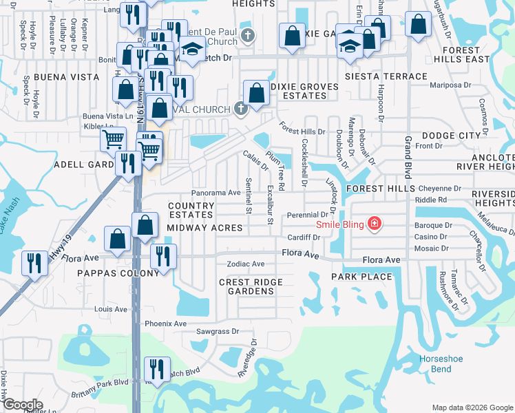 map of restaurants, bars, coffee shops, grocery stores, and more near 4914 Guardian Avenue in Holiday