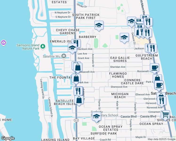 map of restaurants, bars, coffee shops, grocery stores, and more near 532 Sheridan Avenue in Satellite Beach