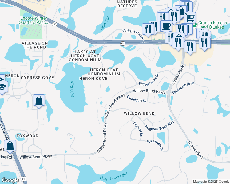map of restaurants, bars, coffee shops, grocery stores, and more near 22321 Willow Lakes Drive in Lutz