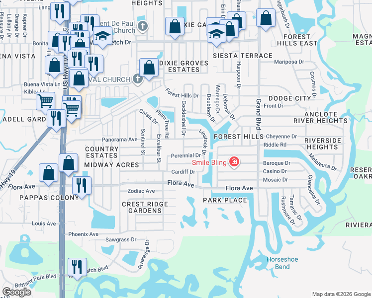 map of restaurants, bars, coffee shops, grocery stores, and more near 5116 Panorama Avenue in Holiday
