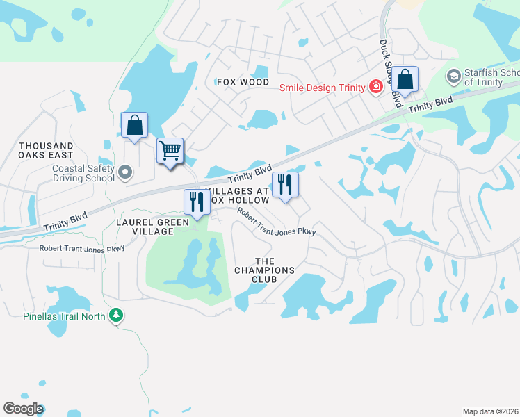 map of restaurants, bars, coffee shops, grocery stores, and more near 1544 Parilla Circle in Trinity