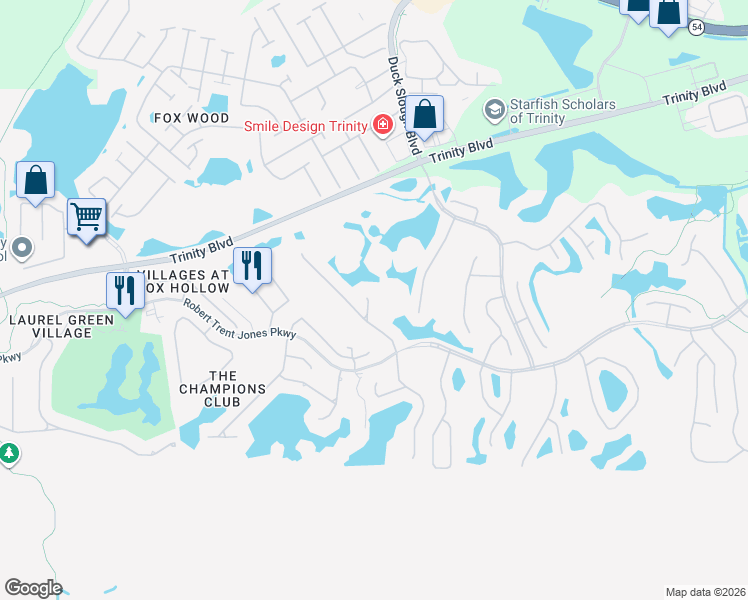 map of restaurants, bars, coffee shops, grocery stores, and more near 1426 Flores Court in Trinity
