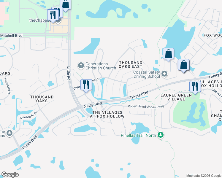 map of restaurants, bars, coffee shops, grocery stores, and more near 1417 Kaffir Lily Court in Trinity