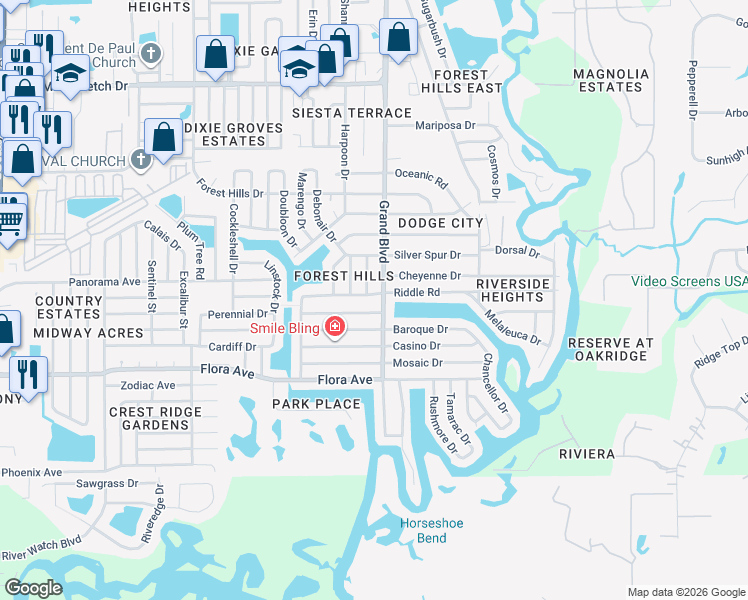 map of restaurants, bars, coffee shops, grocery stores, and more near 1448 Grand Boulevard in Holiday