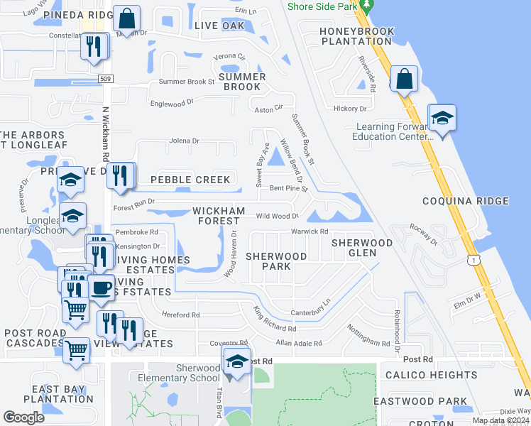 map of restaurants, bars, coffee shops, grocery stores, and more near 2540 Wild Wood Drive in Melbourne