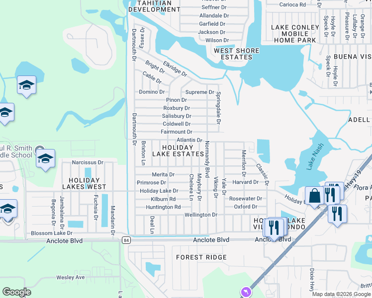 map of restaurants, bars, coffee shops, grocery stores, and more near 1434 Weyford Lane in Holiday