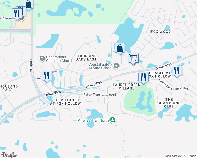 map of restaurants, bars, coffee shops, grocery stores, and more near 9775 Trumpet Vine Loop in Trinity