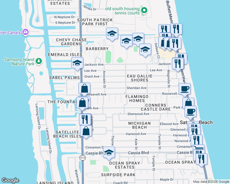 map of restaurants, bars, coffee shops, grocery stores, and more near 440 Sheridan Avenue in Satellite Beach