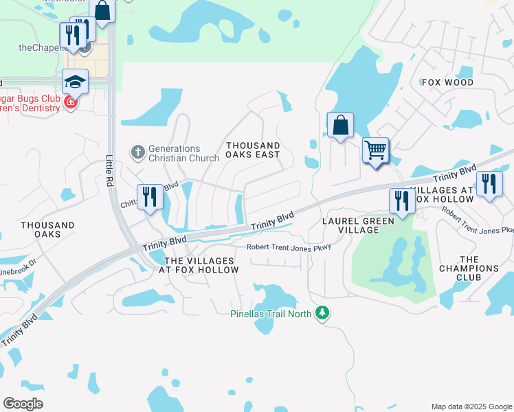 map of restaurants, bars, coffee shops, grocery stores, and more near 9461 Trumpet Vine Loop in Trinity