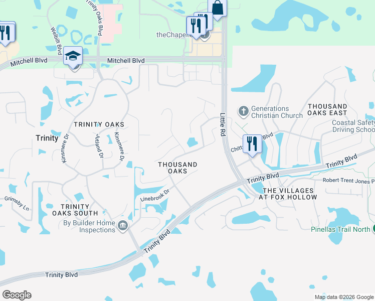 map of restaurants, bars, coffee shops, grocery stores, and more near 1422 Tawnyberry Court in Trinity