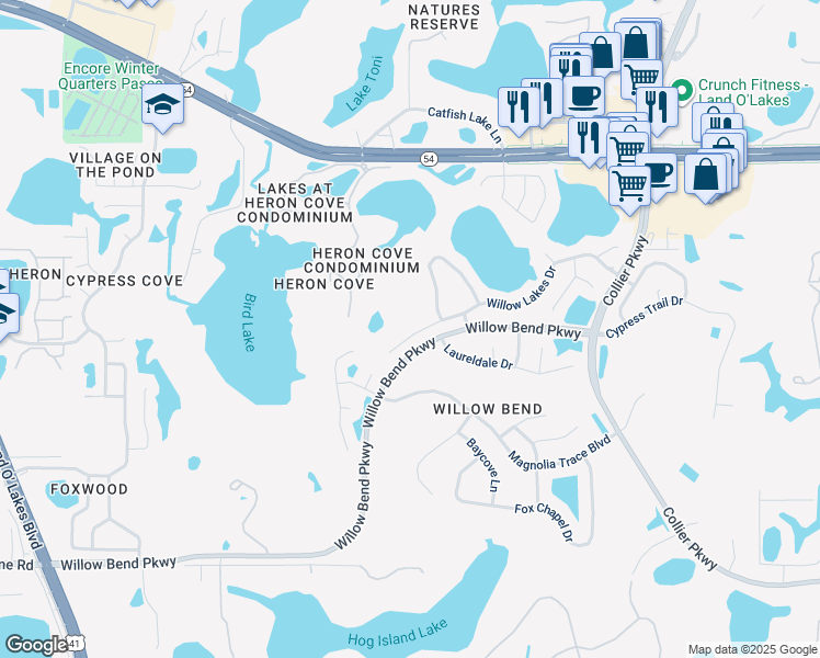 map of restaurants, bars, coffee shops, grocery stores, and more near 22321 Willow Lakes Drive in Lutz