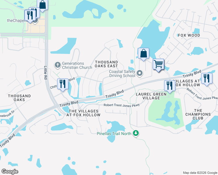 map of restaurants, bars, coffee shops, grocery stores, and more near 9848 Trumpet Vine Loop in Trinity