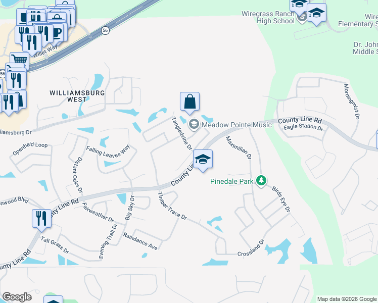 map of restaurants, bars, coffee shops, grocery stores, and more near 1635 Tangledvine Drive in Wesley Chapel