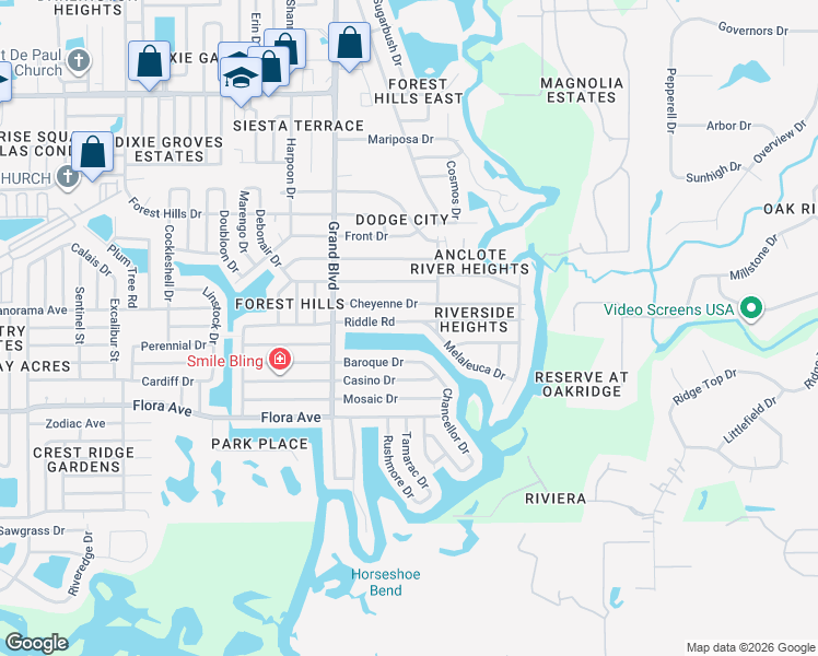 map of restaurants, bars, coffee shops, grocery stores, and more near 5648 Cheyenne Drive in Holiday