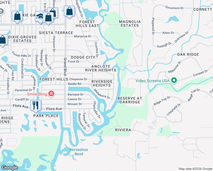 map of restaurants, bars, coffee shops, grocery stores, and more near 5841 Riddle Road in Holiday