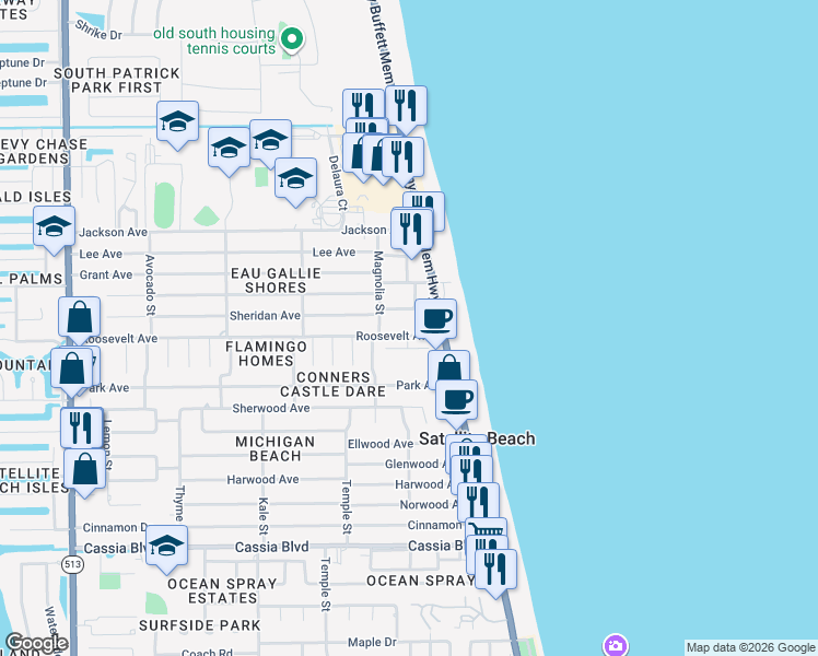 map of restaurants, bars, coffee shops, grocery stores, and more near 130 Roosevelt Avenue in Satellite Beach