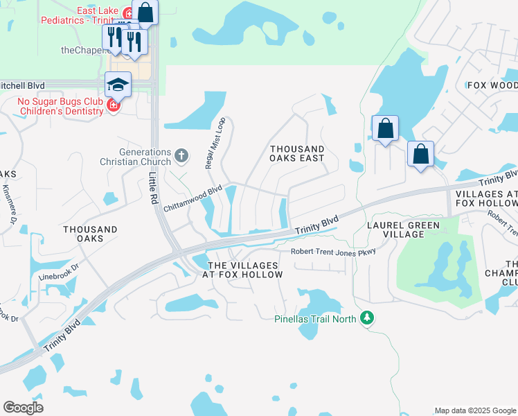 map of restaurants, bars, coffee shops, grocery stores, and more near 1422 Kaffir Lily Court in Trinity