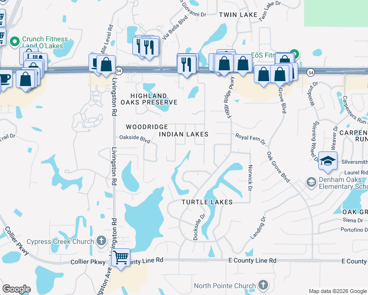 map of restaurants, bars, coffee shops, grocery stores, and more near 1550 Papoose Way in Lutz