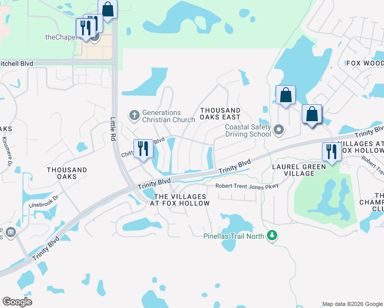 map of restaurants, bars, coffee shops, grocery stores, and more near 1422 Kaffir Lily Court in Trinity