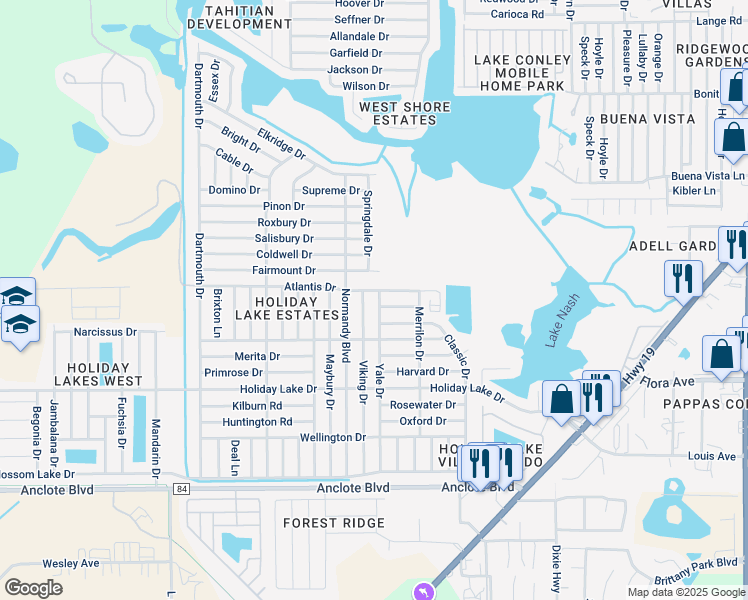 map of restaurants, bars, coffee shops, grocery stores, and more near 3451 Atlantis Drive in Holiday